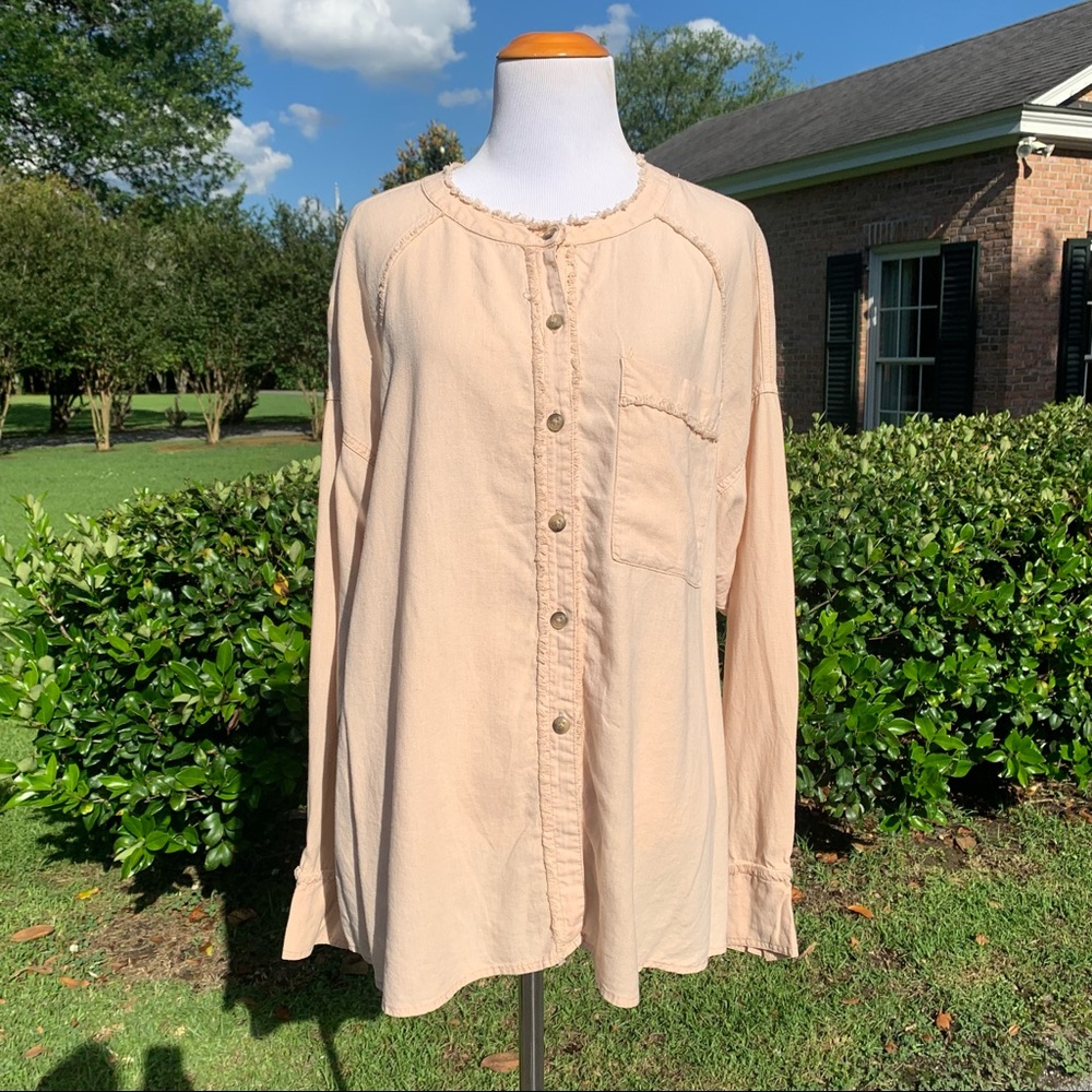 We The Free People Linen Blend Oversized Button Front Raw Edge Shirt XS